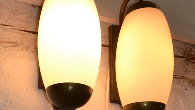 Opaline Glass and Brass Wall Lamps, 1940s, Set of 2